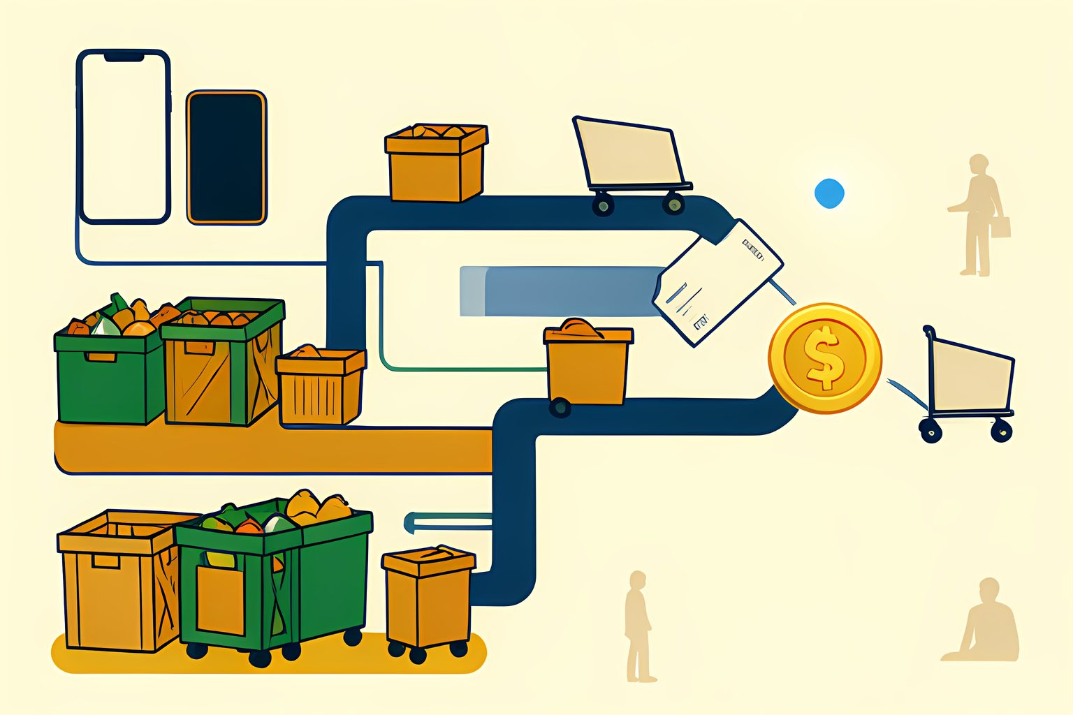 A text-free illustrated flow of groceries, a delivery cart, a phone and small counters moving through a warehouse toward one brass ownership token.