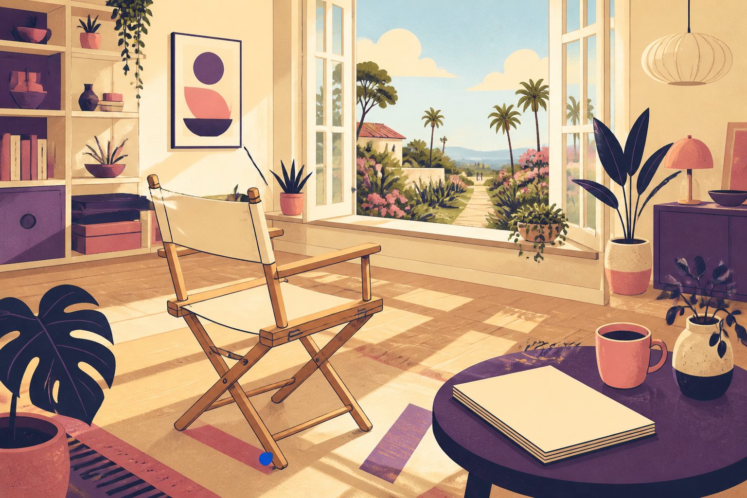 A stylized editorial illustration on warm cream showing a classic director's chair facing an open sunny window with plum and pink light, and a tiny round blue dot tucked beneath the chair leg.