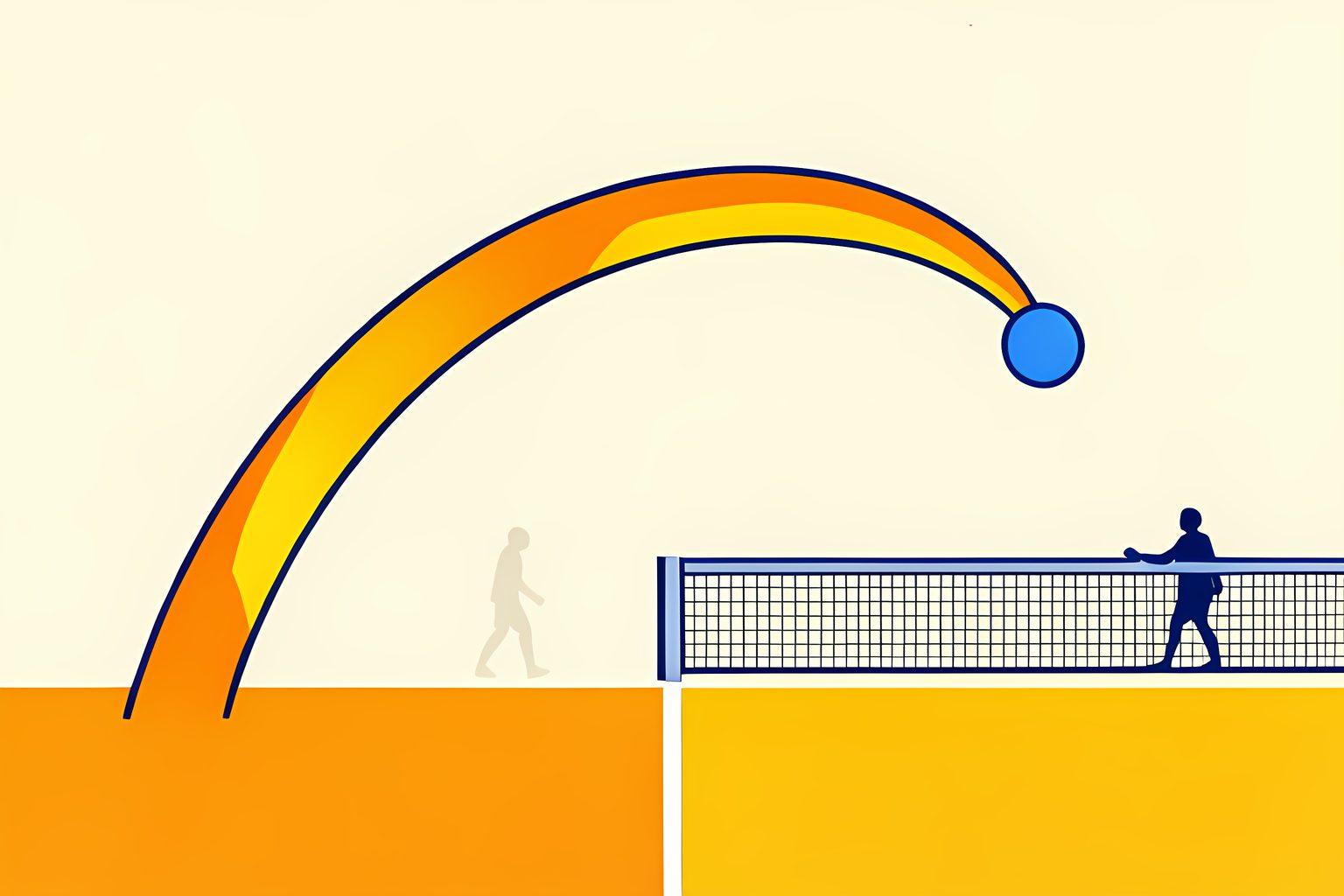 A bright flat illustration of a single tennis ball dropping softly just over a net, its gentle arc traced against a clean court with a long deep arc behind it.