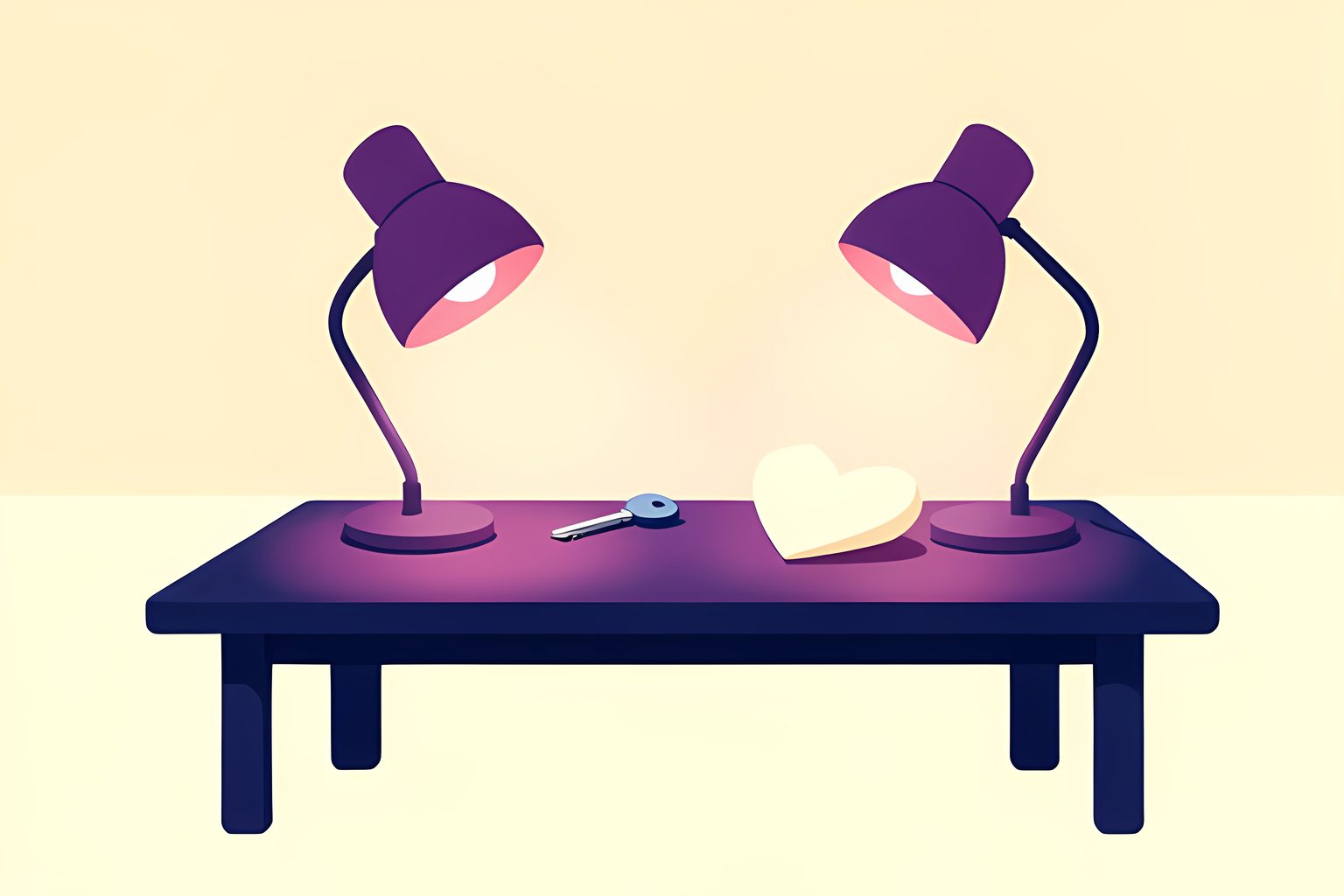 Two unmarked work lamps cast different plum and pink pools of light across a shared warm cream workbench, with a tiny blue dot.