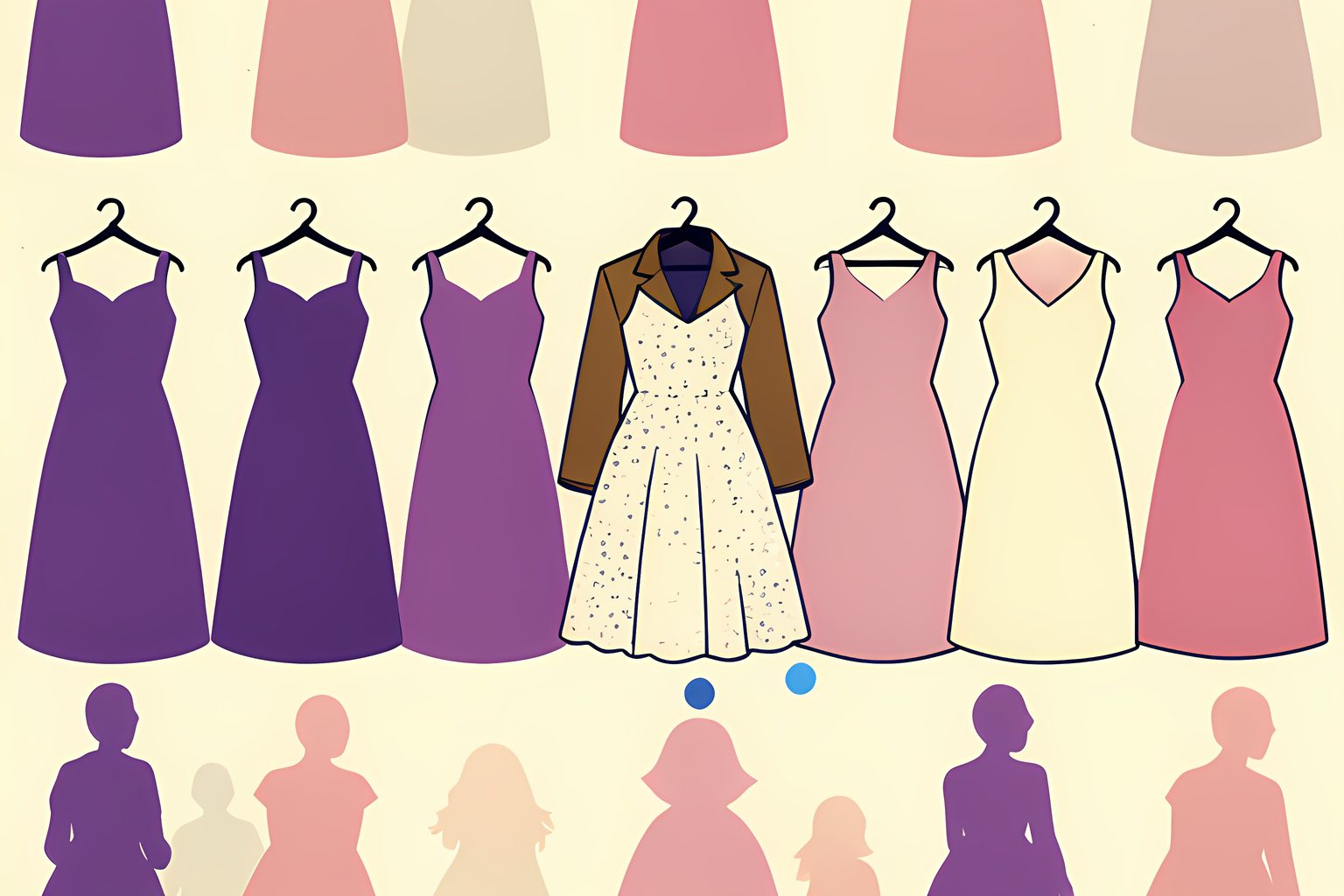 A pattern of identical muted guest dresses on hangers, with the middle one replaced by an off-white sequined gown draped over a brown blazer, in plum purple and dusk pink on cream.