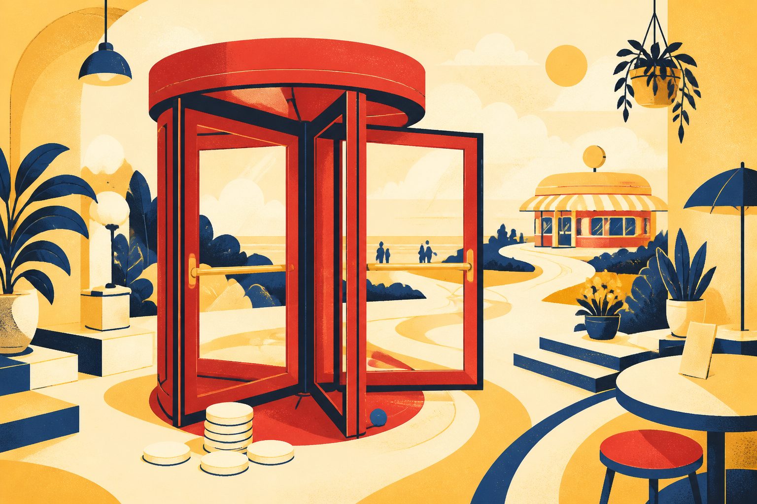 Stylized illustration of a red revolving door frozen mid-spin between a diner building and a small scattered stack of coins, symbolizing an on-again, off-again buyout.