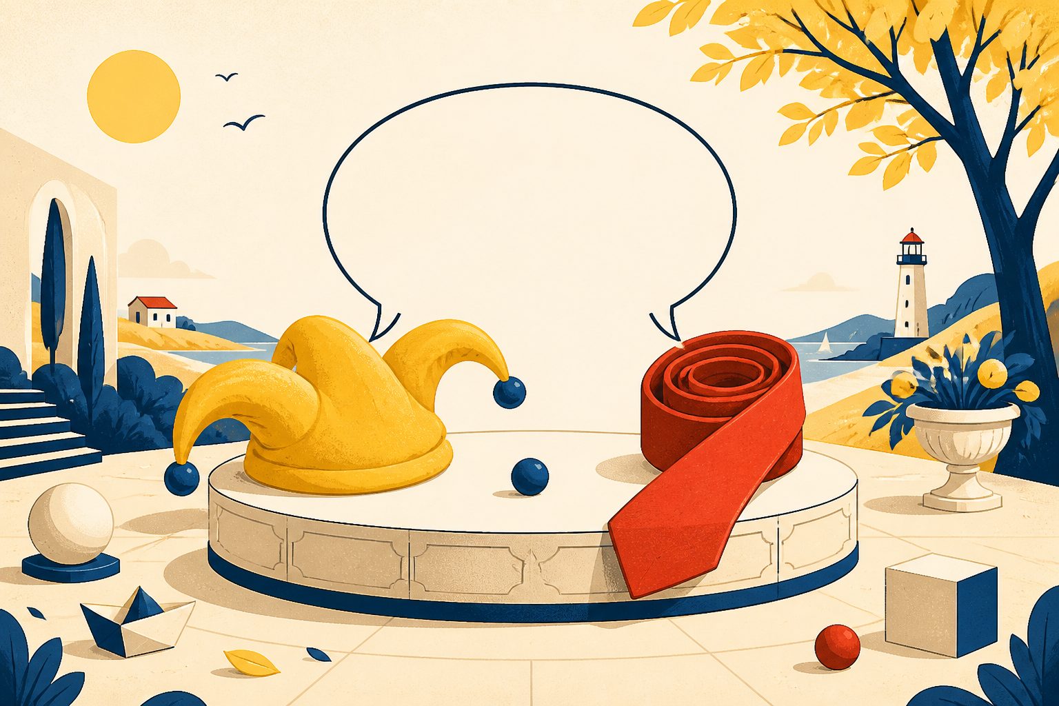 Stylized illustration of a butter-yellow jester's cap and a coiled tomato-red necktie on a low pedestal, linked by a single blank speech bubble.