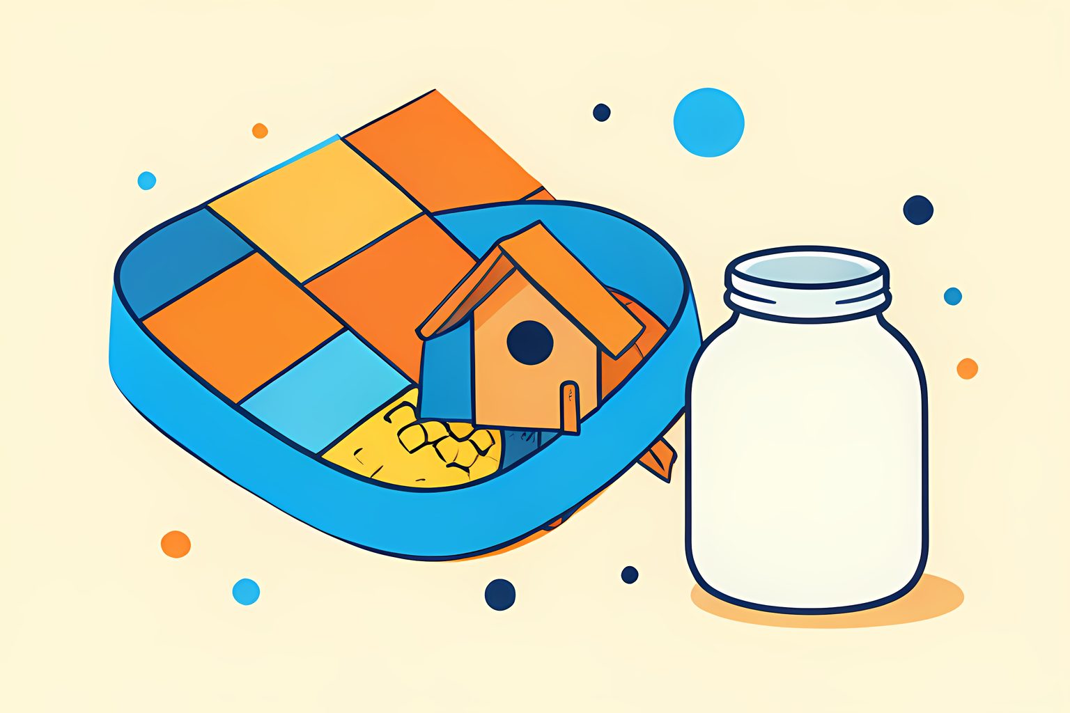 A blue ribbon curling around a quilt square, a small wooden birdhouse, an ear of corn and a plain jar on a cream tabletop, with no people or writing.