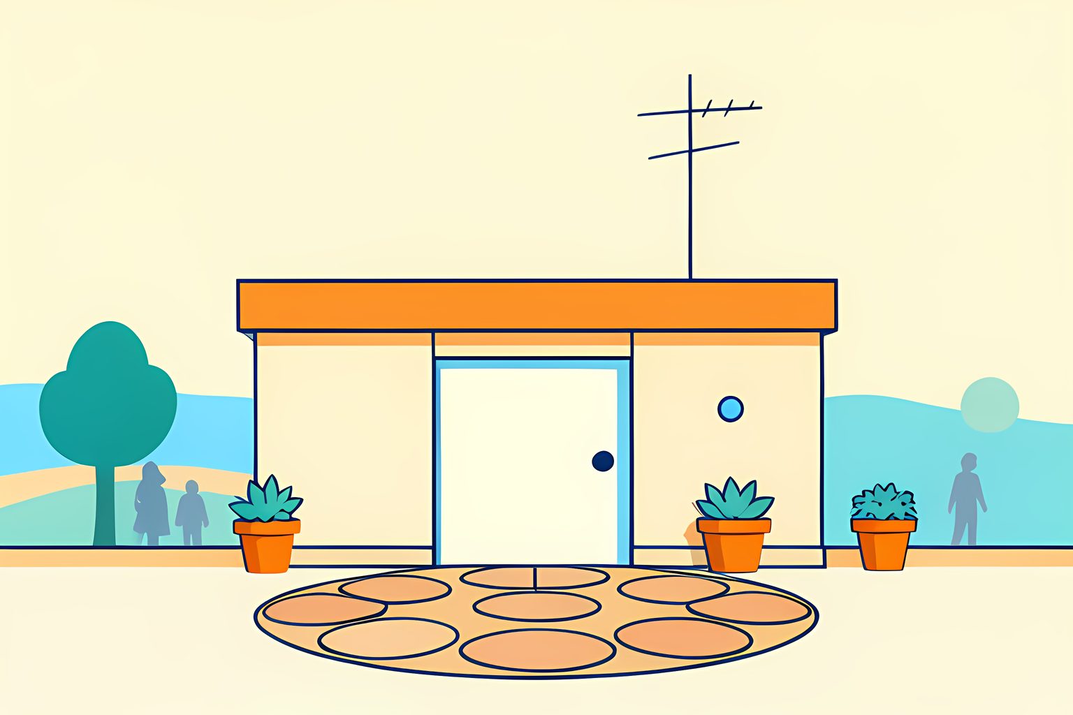 A sunny person-free broadcast center framed by seven unmarked circular pavers and a small blue dot.