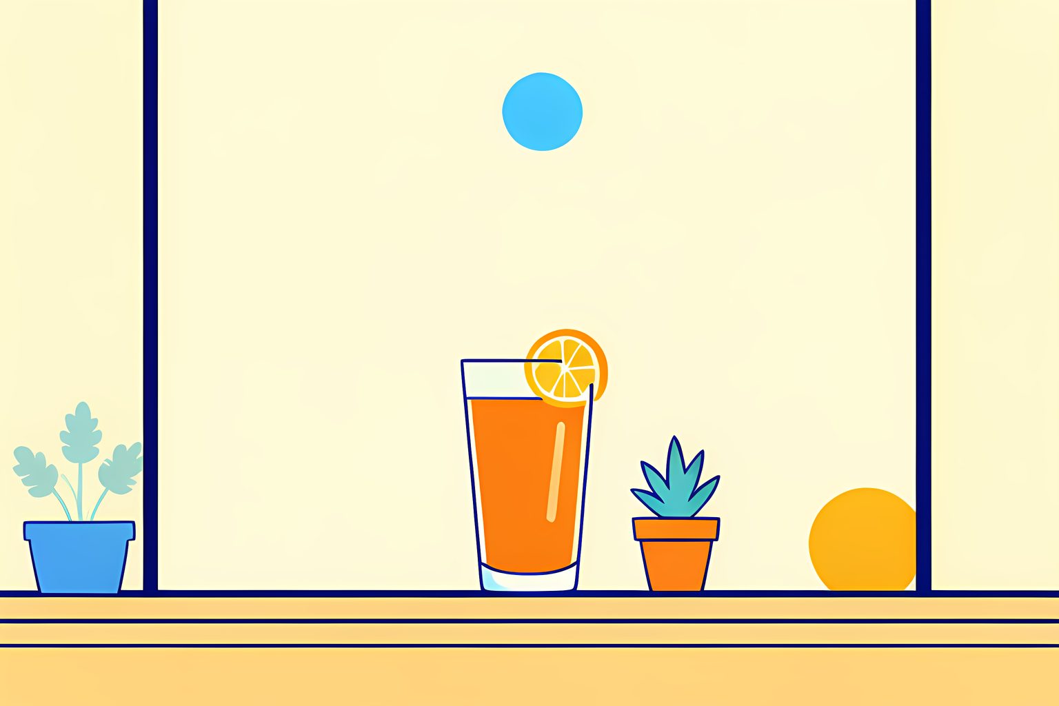 A wide warm early-morning sky over a calm kitchen windowsill holding a tall glass of iced tea with a lemon slice and a small potted plant, one round blue dot high in the sky.