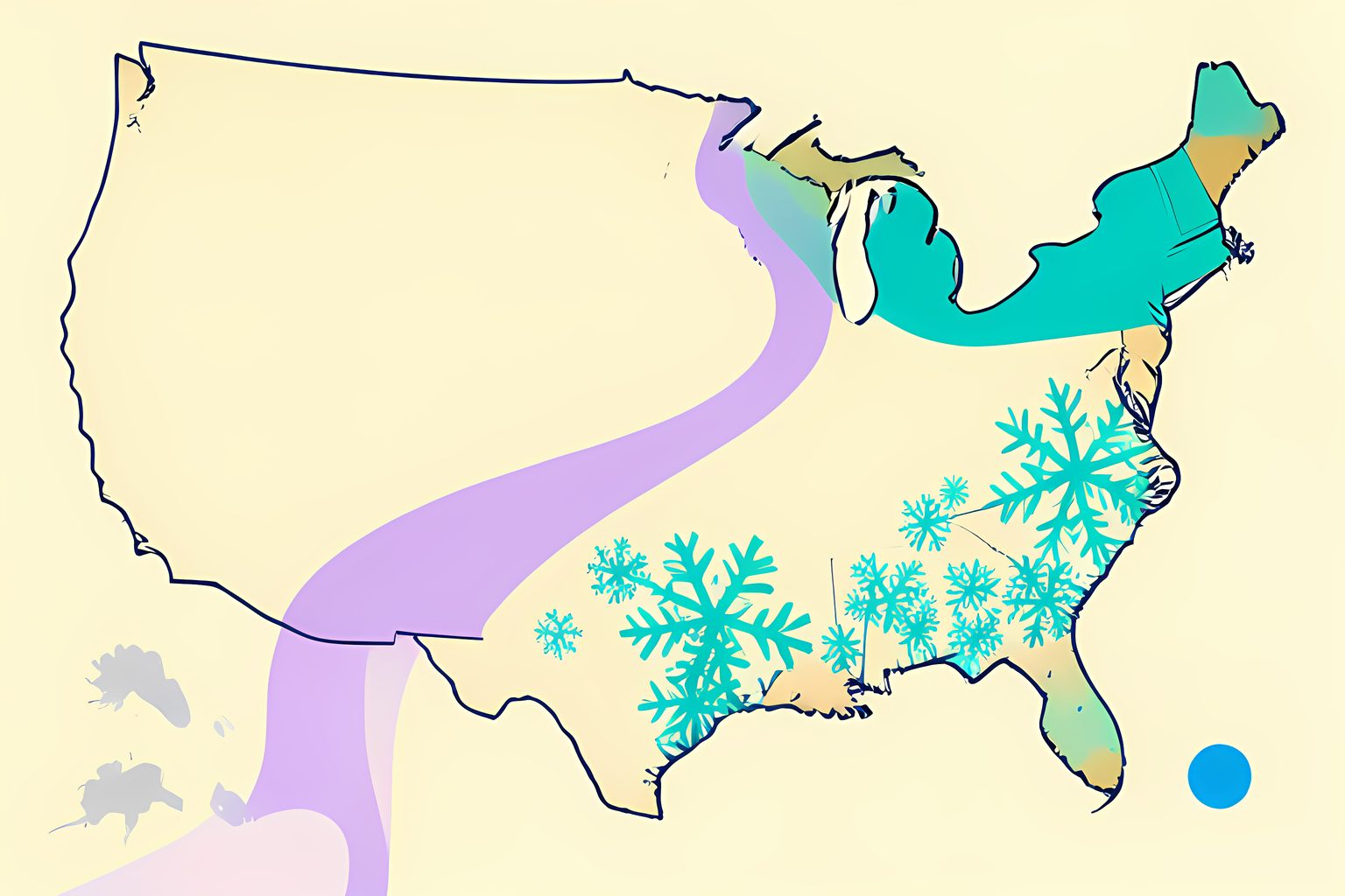 A stylized map of the United States with a violet jet-stream ribbon curving south and teal snowflakes gathering over the southern tier, in teal and soft violet on cream.