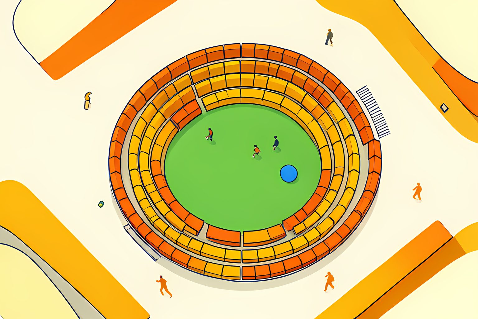 Flat editorial illustration of a ring of tiny repeating stadium seats around a green oval seen from above, warmly lit, with one seat left empty and a small blue dot beside it.