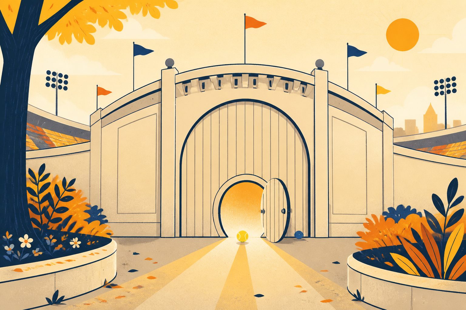 A stylized visual metaphor of a small glowing side door standing open beside a grand stadium gate.