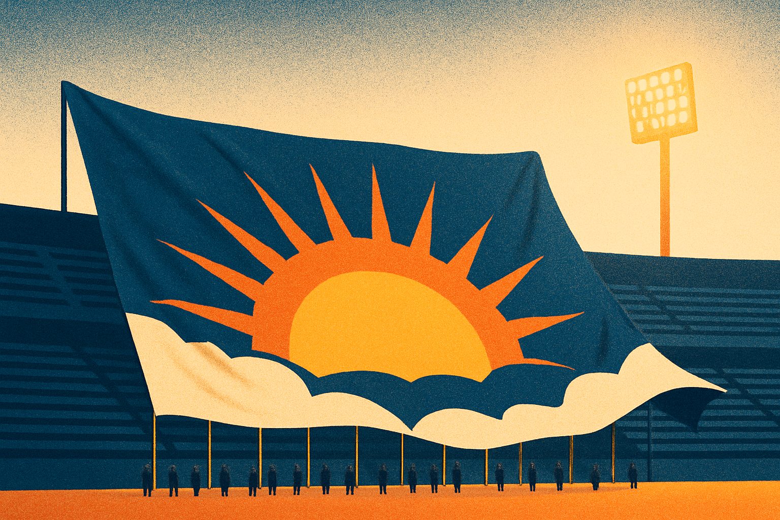 Stylized illustration of a giant banner artwork of a rising sun unfurling across an empty stadium stand, held up on thin poles under a floodlight at dawn.