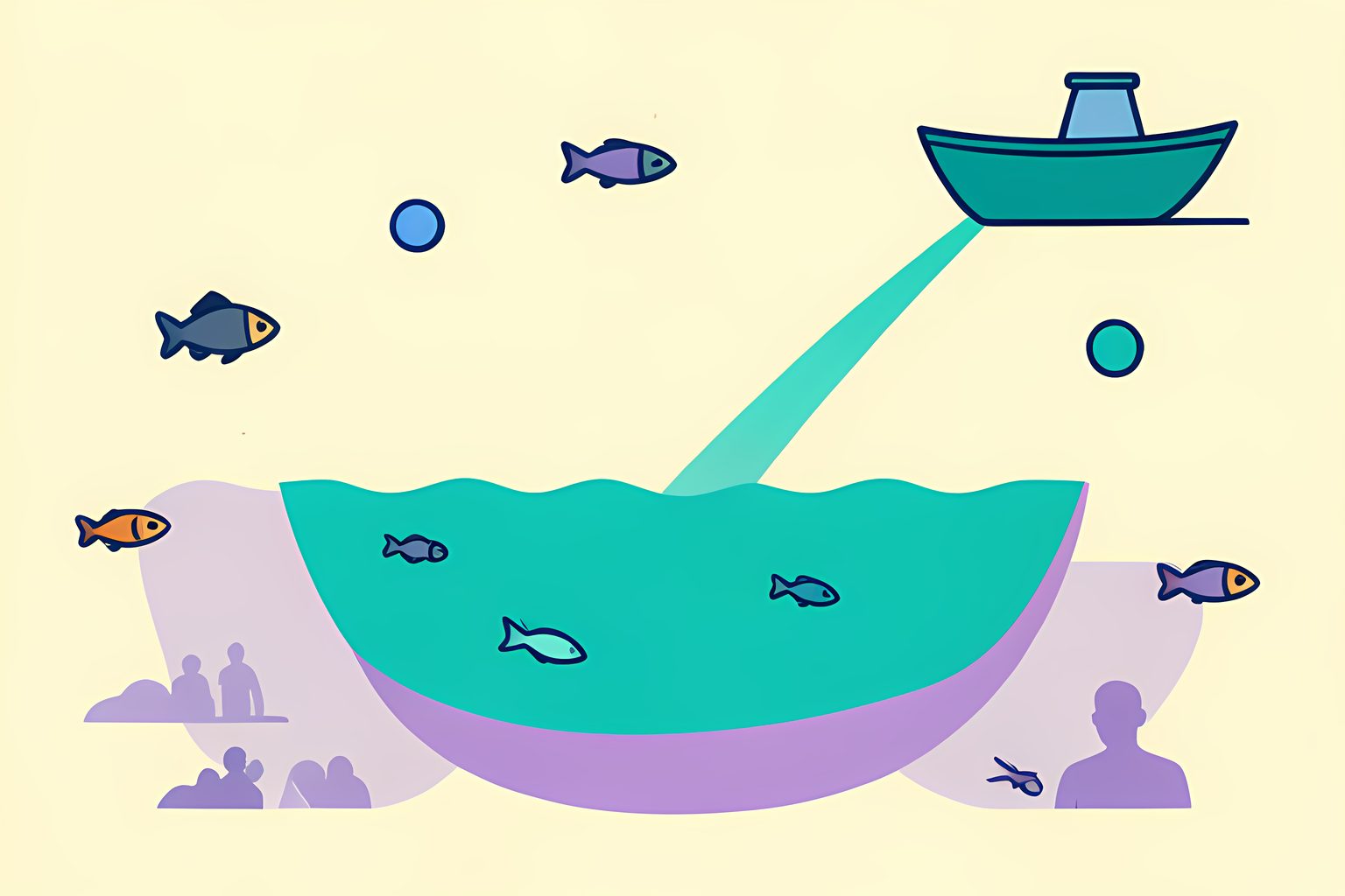A cutaway of calm teal water with a single sweeping sonar beam fanning out from beneath a stylized boat, revealing a few small fish shapes and a small round blue dot.