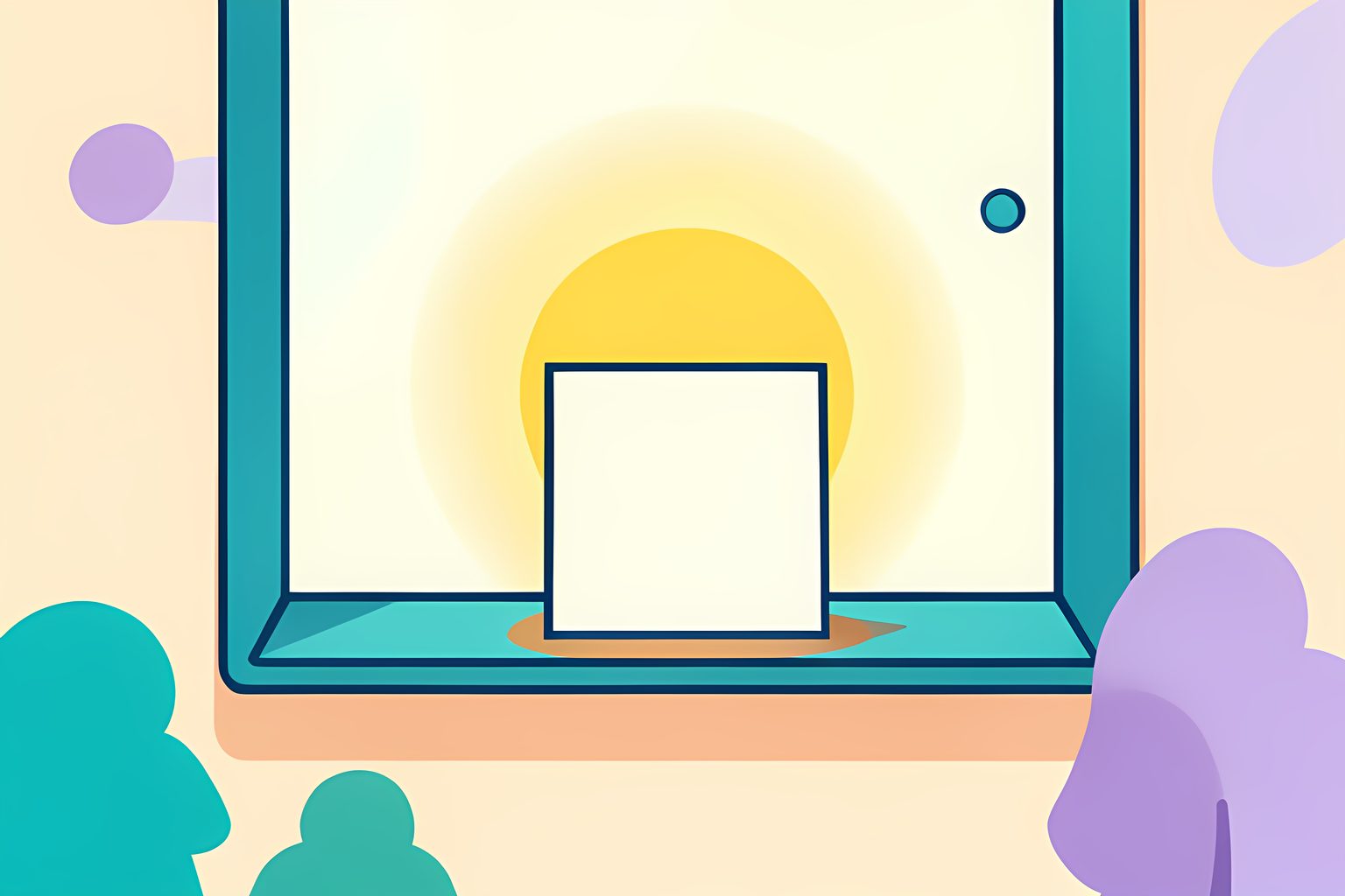 A small blank name card standing upright on a sunny windowsill, a warm sun outside casting a soft halo of light around it.