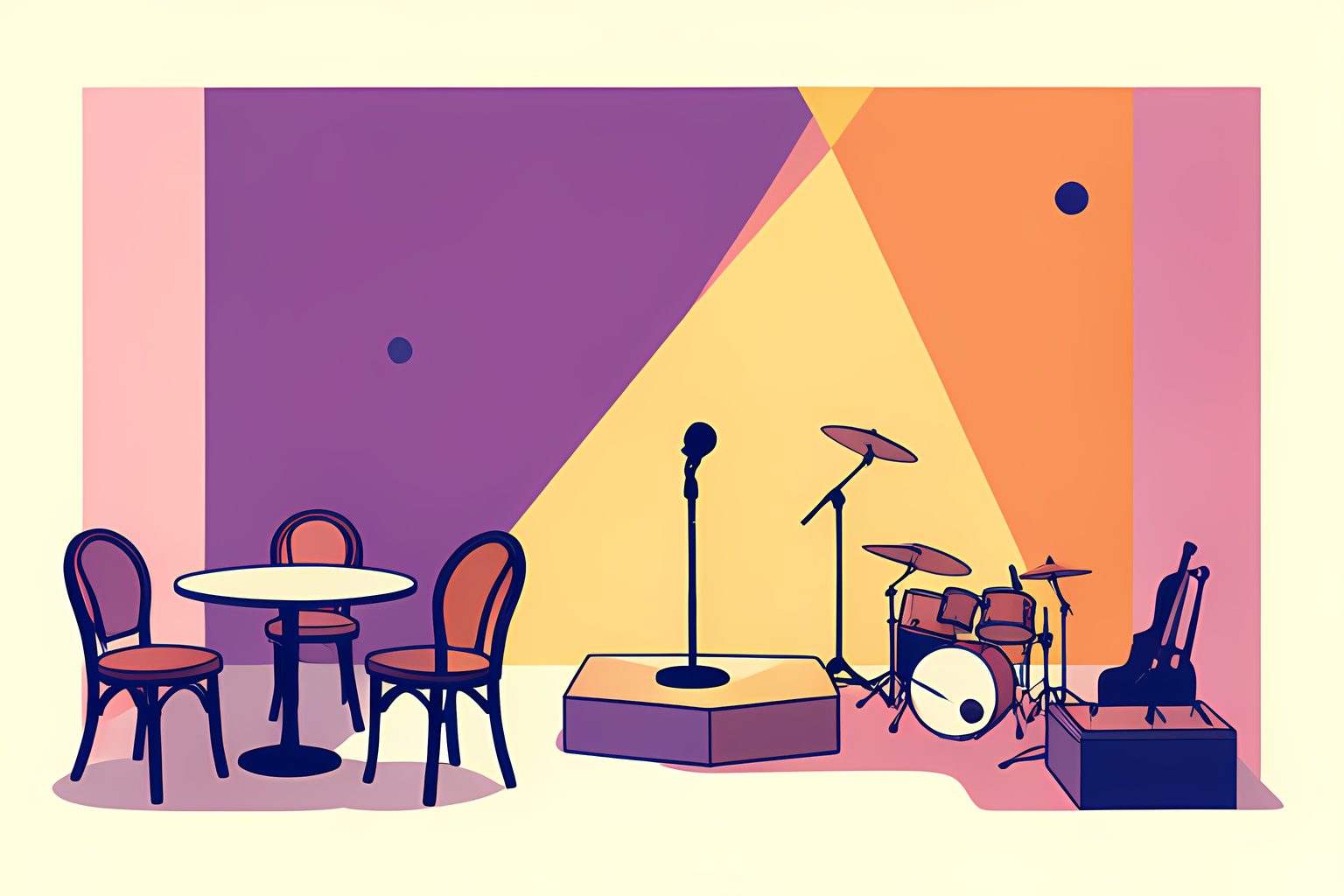 A 1960s nightclub room with round cabaret tables and bentwood chairs, a live band's instruments waiting on a small stage, one warm spotlight on a microphone.