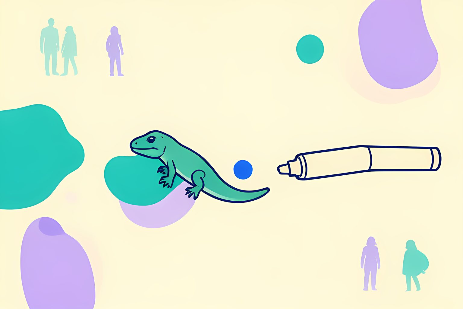 A warm abstract flow linking a small stylized Gila monster lizard to a simple injection pen across a cream field, teal and soft violet, no text or people.