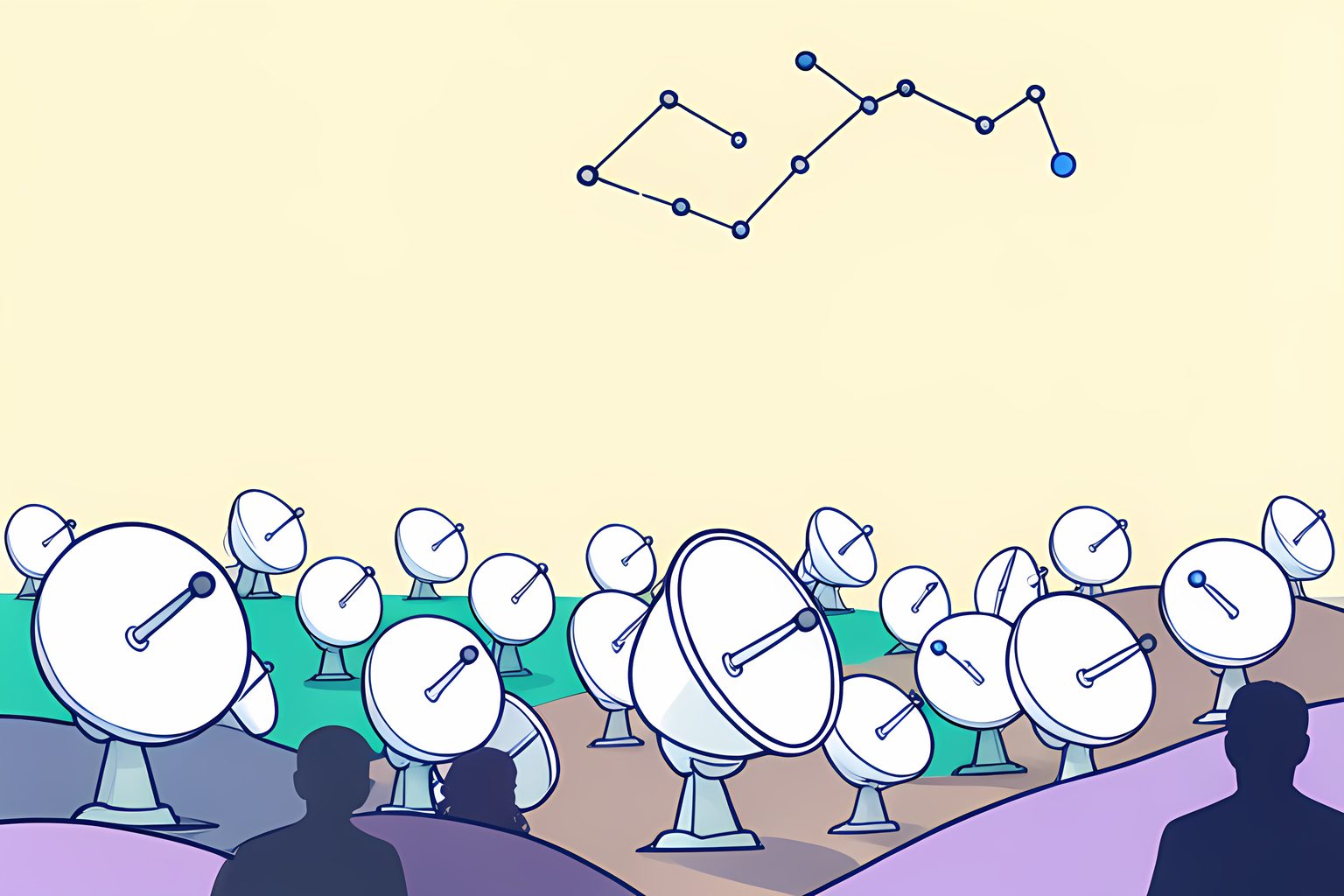 A field of small white satellite dishes all angled toward the same patch of sky, one dish in the foreground tipped toward the viewer, a dotted constellation overhead.