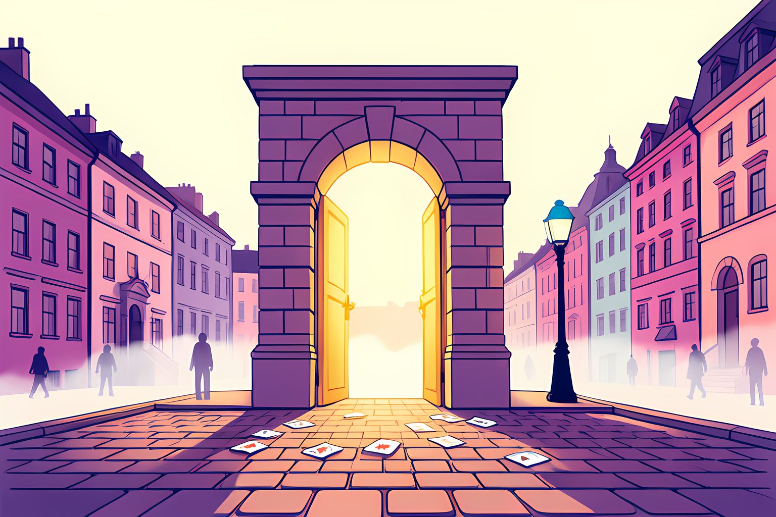A grand Victorian city square in warm morning light, one tall stone archway glowing gold and standing ajar with soft light and a few drifting playing cards spilling out onto the cobblestones, fog rolling low past a gas lamp.