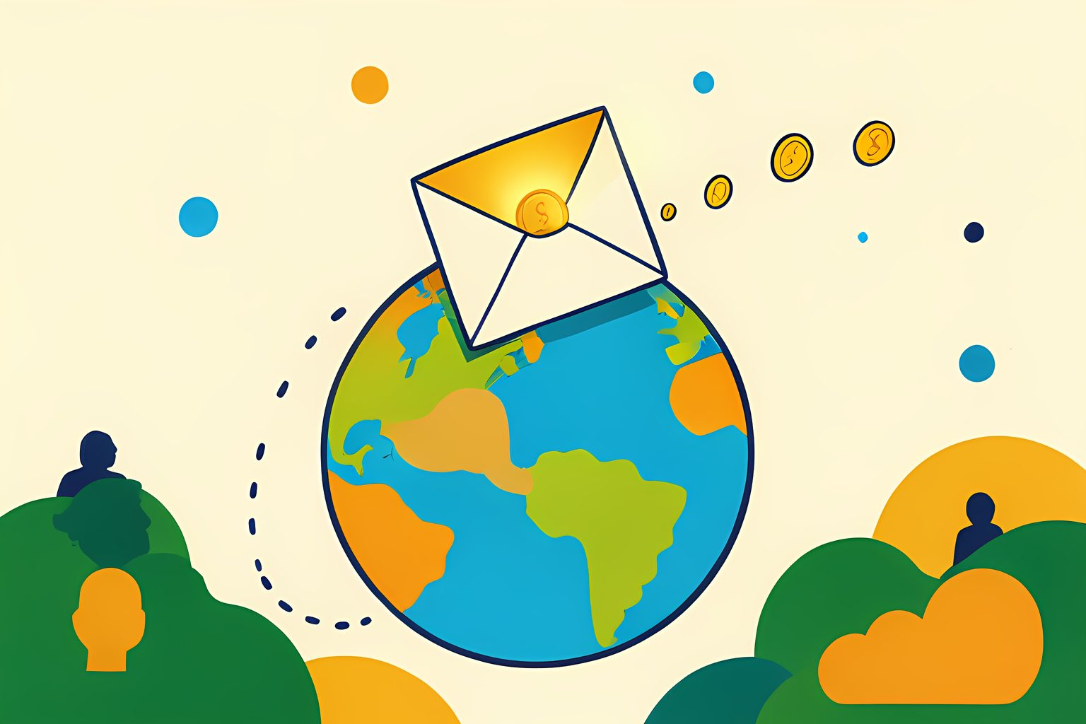 A warm cream illustration of a paper envelope carrying a small glowing coin, arcing over a simplified globe along a dotted path, a faint trail of tiny coins drifting behind it.