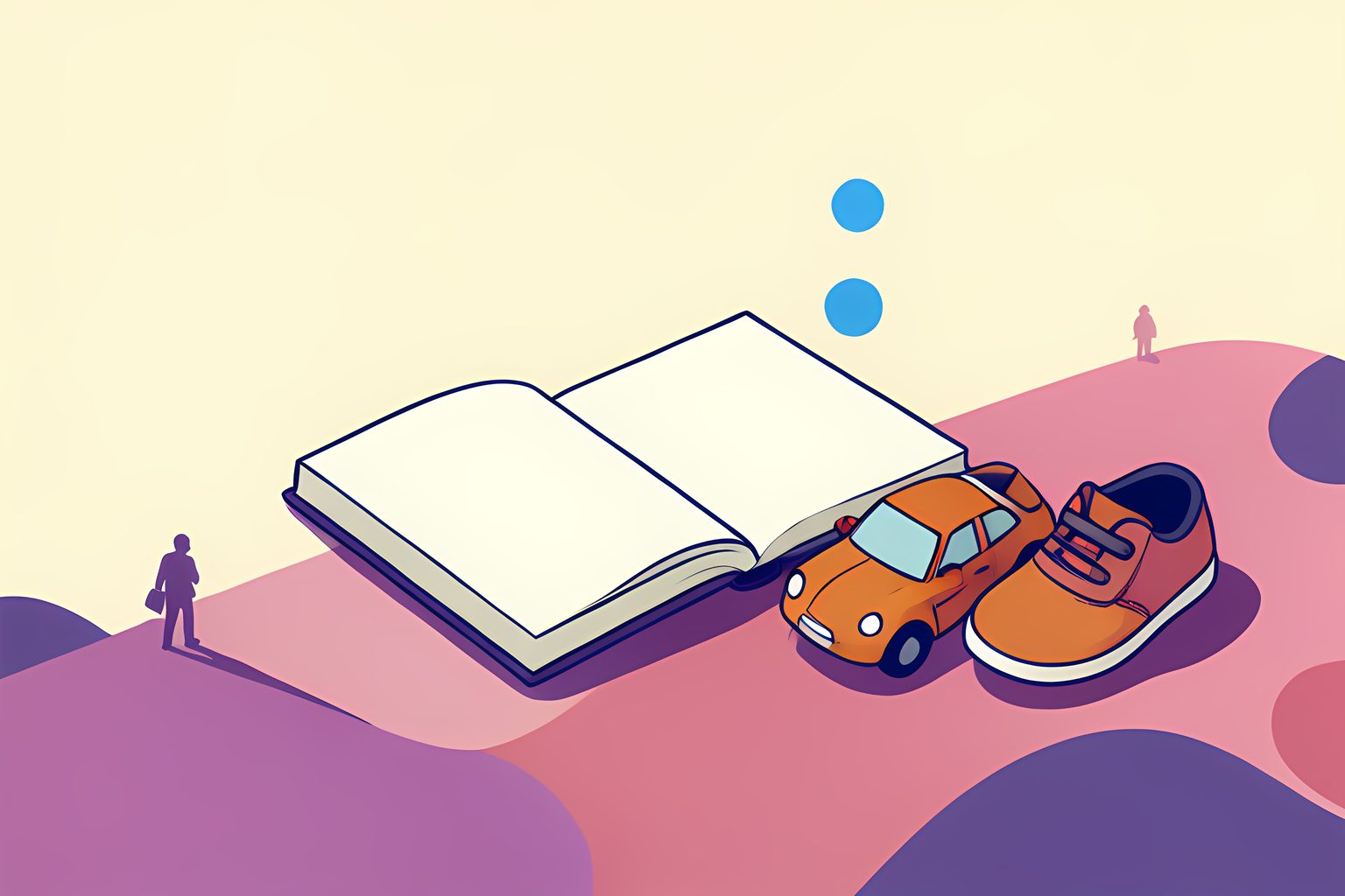 A plain-covered open book on a low table beside a small toy car, a pair of child-size shoes and a blue dot in warm sunlight.