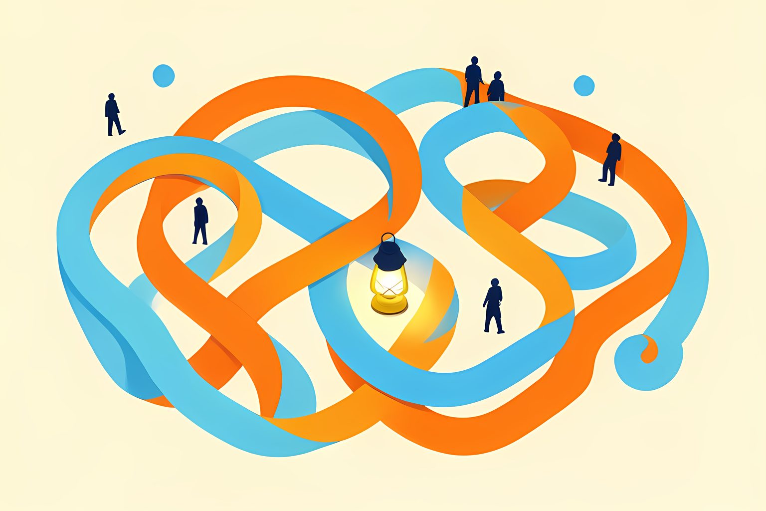 A cheerful maze of warm-orange and sky-blue ribbons, with a tiny golden lantern illuminating only the next bend.