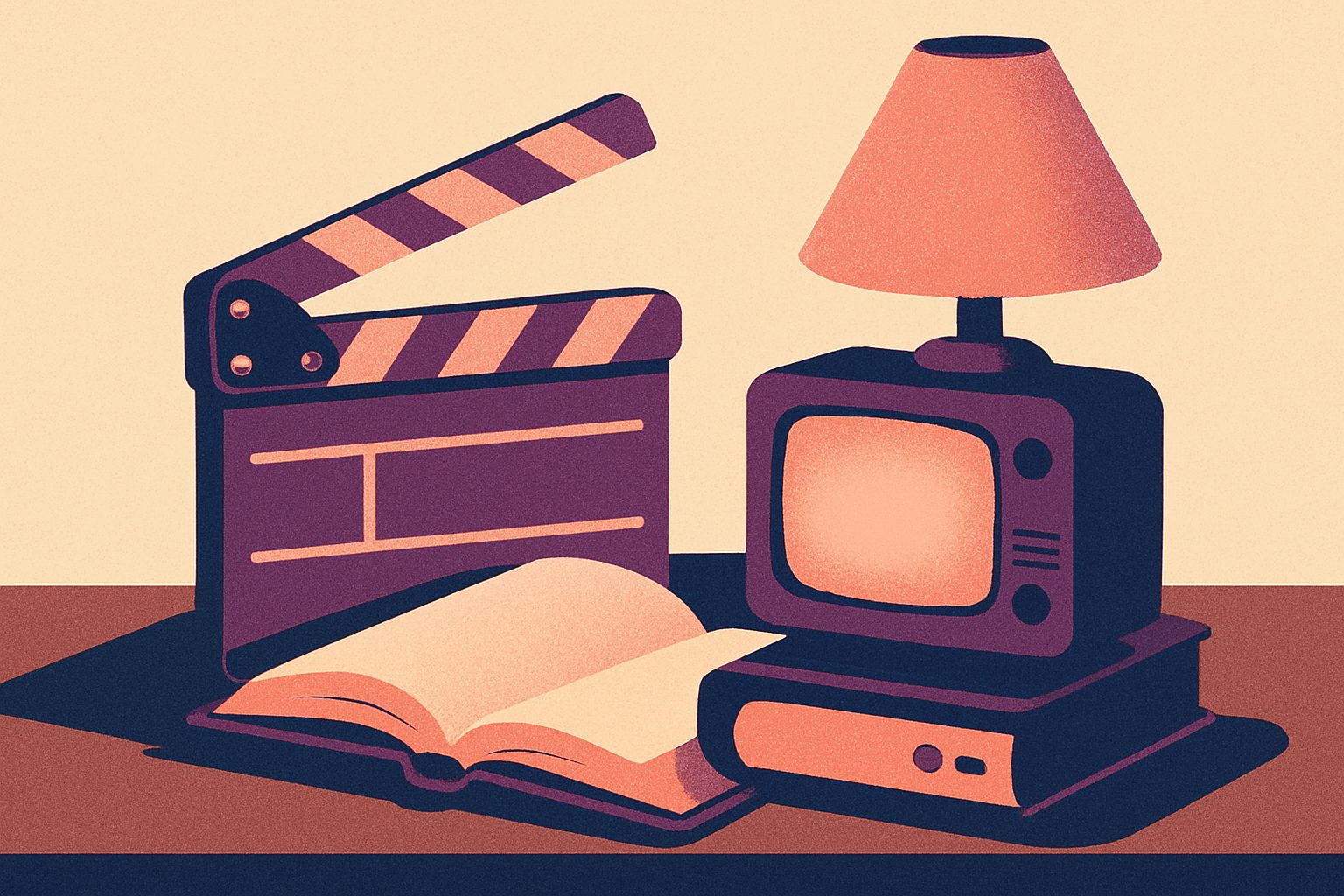 Stylized still life of a film clapperboard, an open hardcover book, and a small vintage television glowing warmly beside a lamp.
