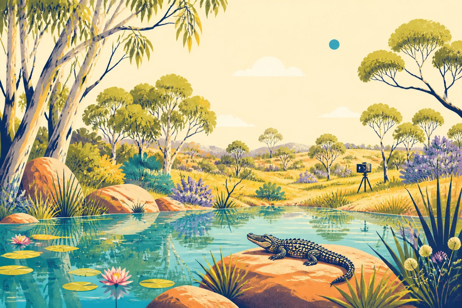 A bright flat illustration of a clear wildlife research pond in a sunny person-free reserve, with a small crocodile on a rock, a distant unmarked camera, eucalyptus trees, and a tiny blue dot.