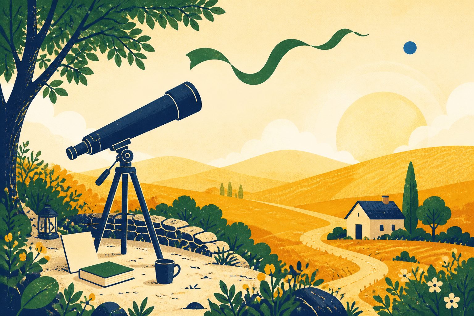 A bright flat visual metaphor of a blank telescope aimed toward a sunny cream horizon, with a small unmarked house, layered amber hills, a green paper ribbon, and a round blue dot, no people or text.