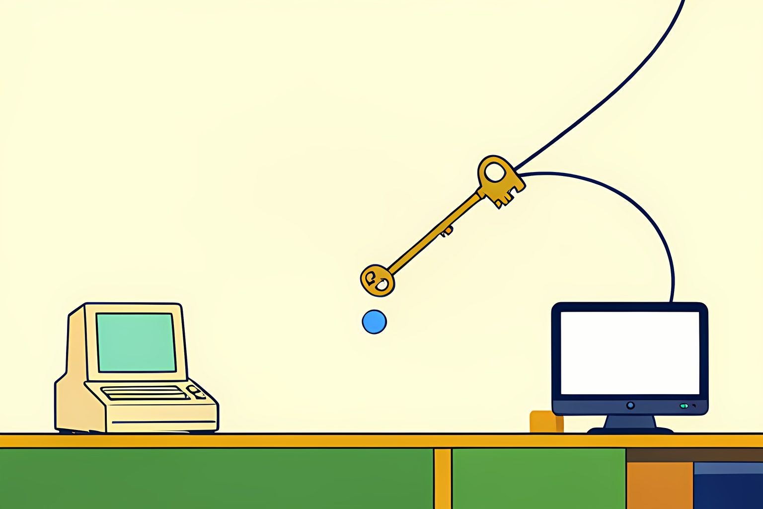 A bright archive room with an old computer, a modern terminal and one brass key traveling back along an overhead track.