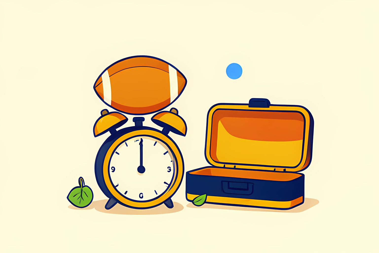A plain football rests on an unmarked alarm clock beside an open travel case and a small green leaf charm.