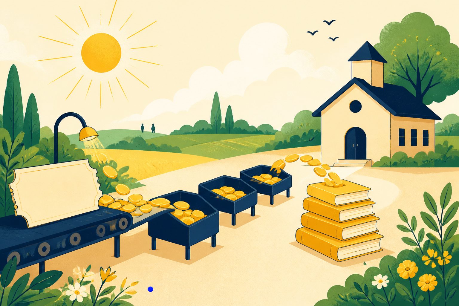 Golden counters flow from a blank ticket shape through small trays toward books and a simple schoolhouse, with no text or people.