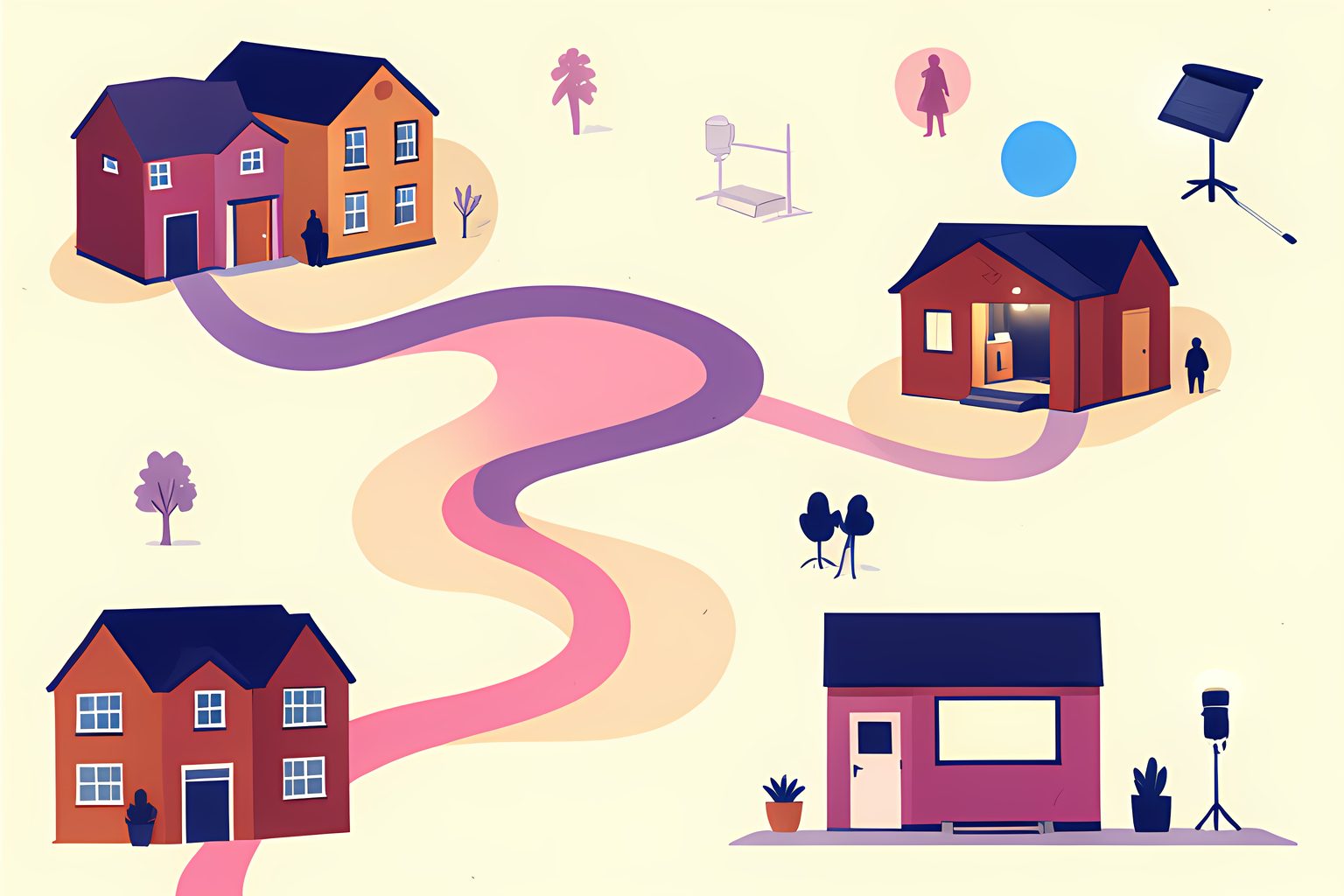 A warm illustrated route winds from a modest row of brick homes toward a theater, a recording booth and a distant studio light, with no people or words.