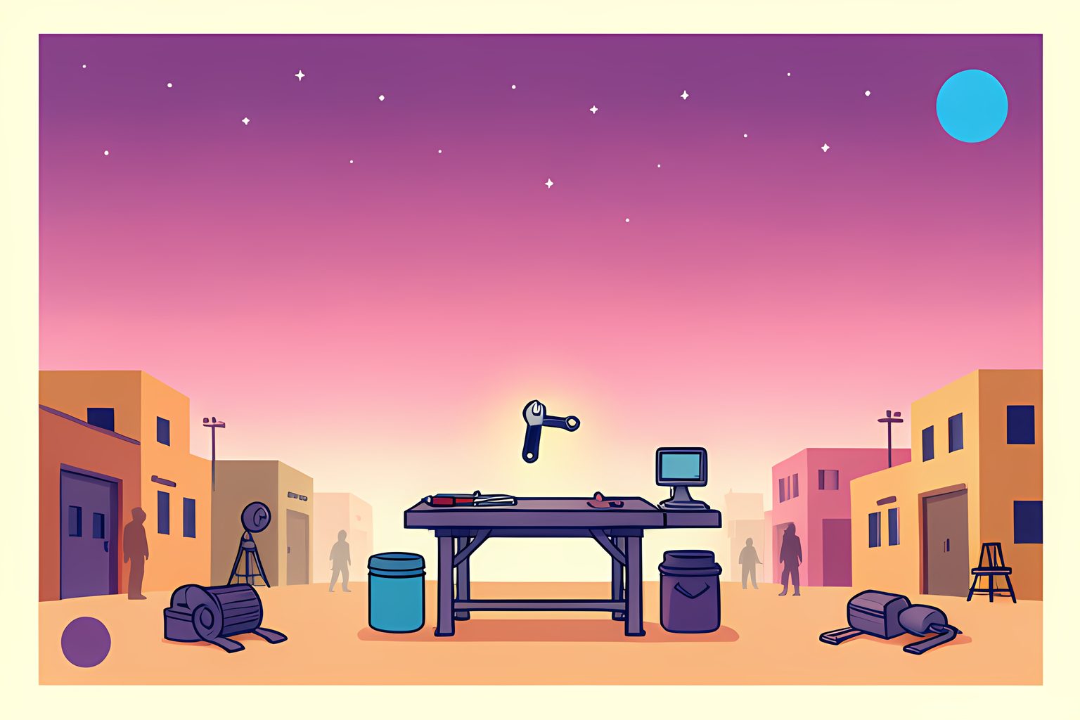 A wide, warm flat illustration of a small starship repair workshop at the edge of a desert town, one workbench with a single wrench glowing under a big dusk-pink and plum sky, distant tiny stars just visible at the top.
