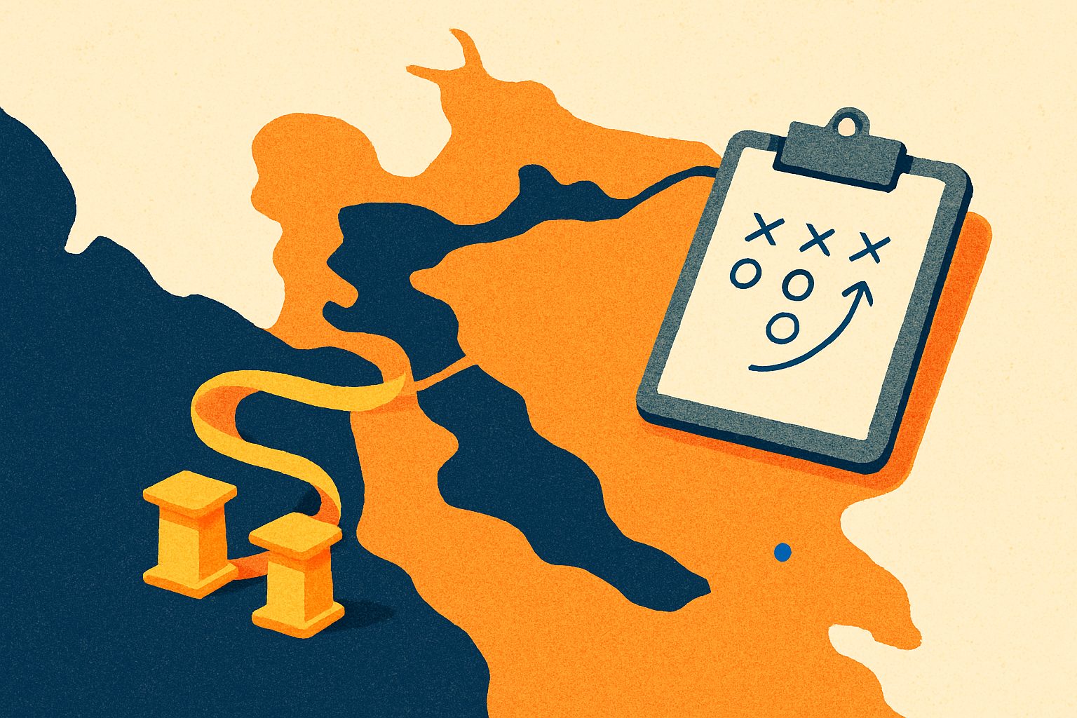 A warm unlabeled map of the Bay Area links an empty football clipboard to two small gold podiums.