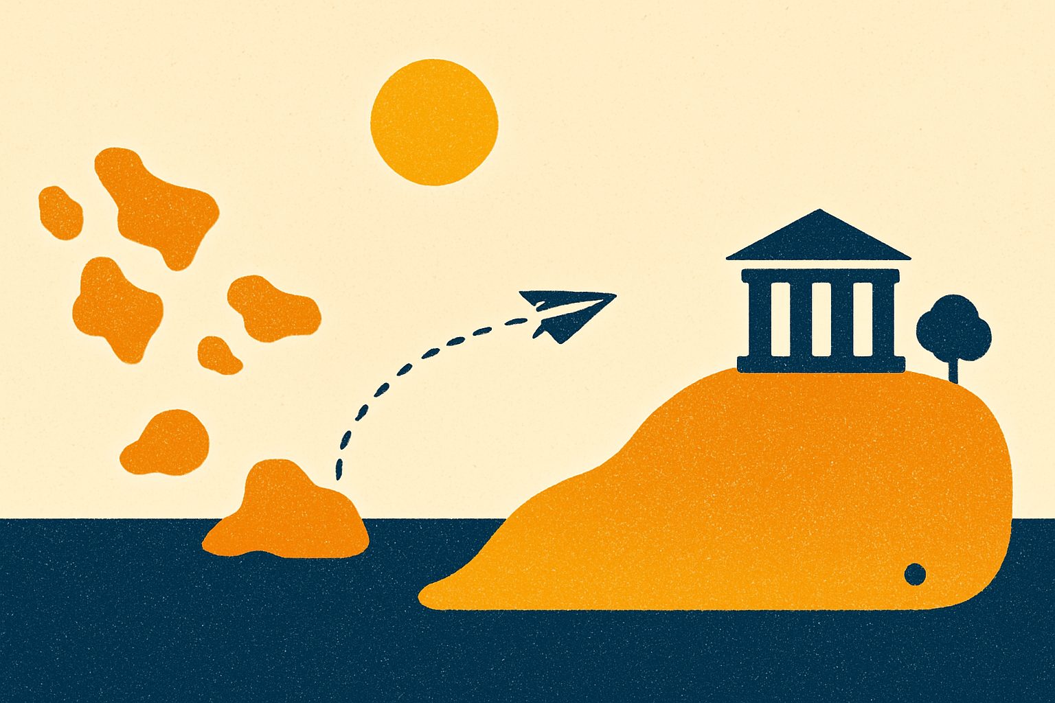 Stylized map illustration of an archipelago on one side and a distant island topped with an academy building on the other, joined by a dotted flight path with a small paper plane.