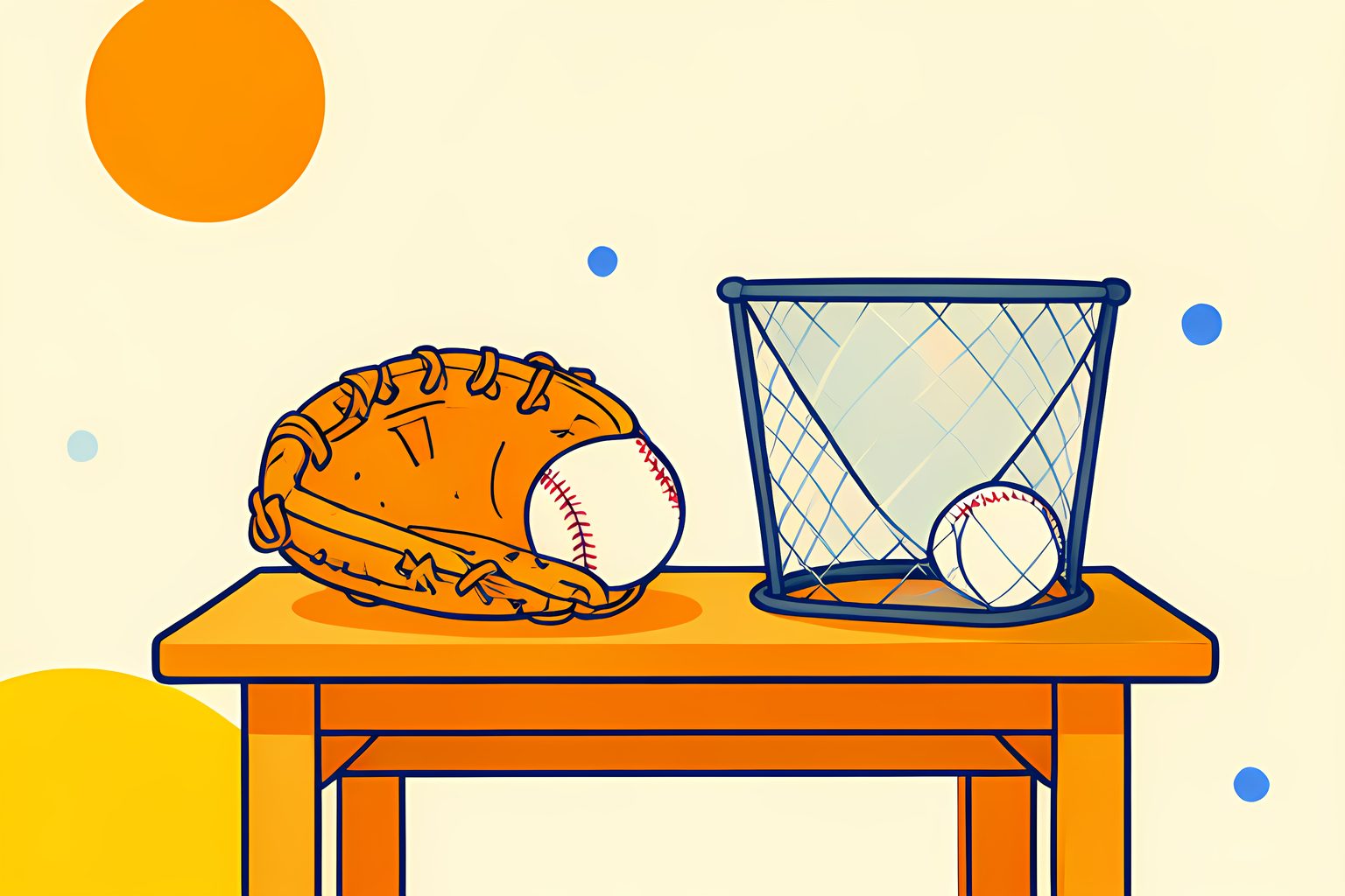 A worn baseball glove, a clean baseball and a small backyard batting net rest on a low table in warm side light, with no people, logos or words.