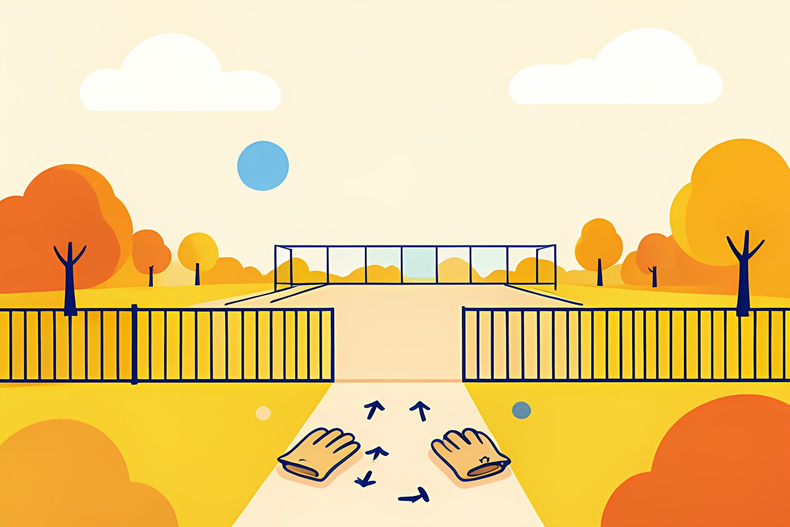 Two small sets of cleat marks lead from a sunny schoolyard path to an empty baseball field.