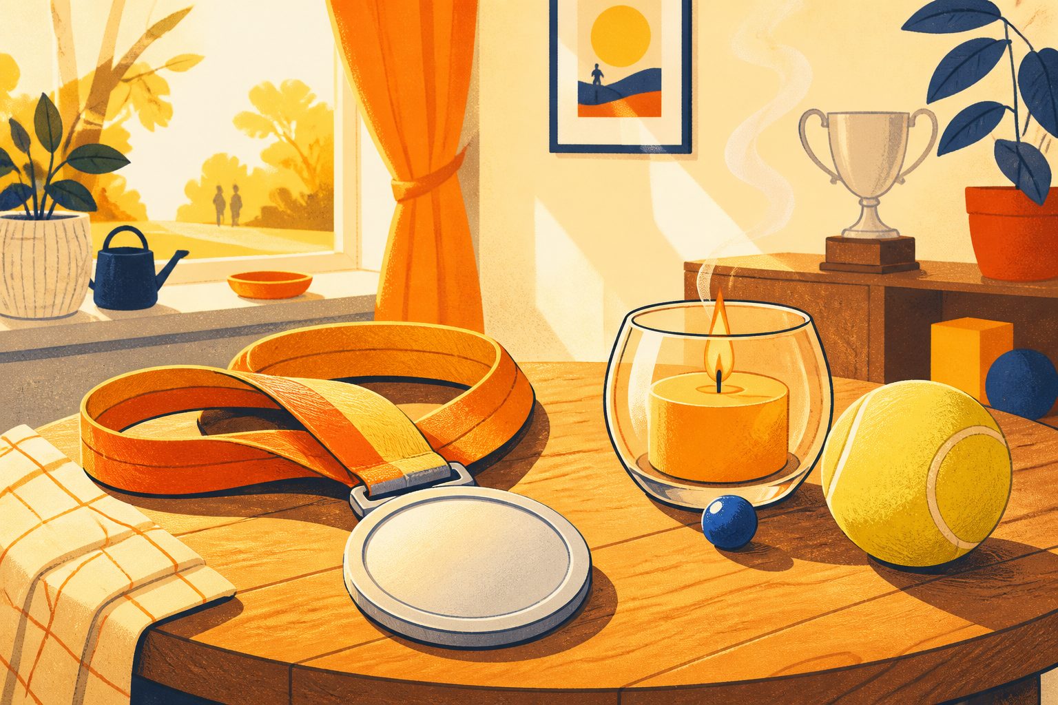 A stylized still life of a blank silver medal, a lit beeswax candle and a tennis ball resting together on a sunlit low table.