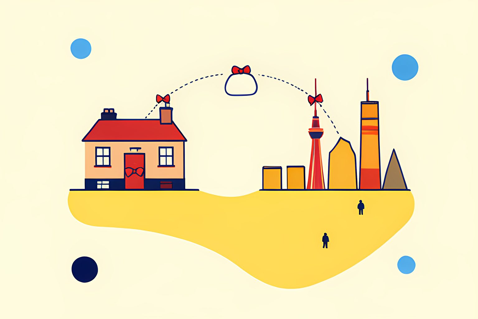 A warm stylized map joining a small suburban row house with a red bow on its door to a bright city skyline, connected by one dotted arc carrying a tiny blank vinyl coin purse.