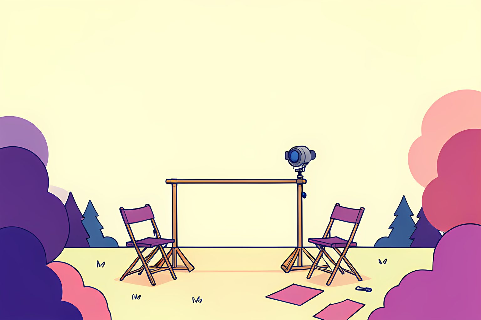 A bright, person-free illustrated outdoor stage in a sunny evergreen clearing, with a plain wooden rehearsal barre, blank film light, empty folding chairs, and a small blue dot near the stage edge.