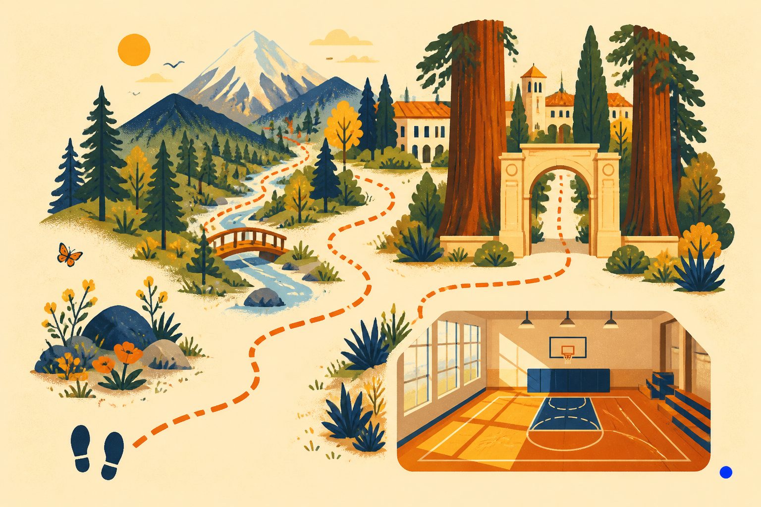 A warm, label-free map connecting evergreen mountains, a redwood-lined campus and an indoor basketball court.