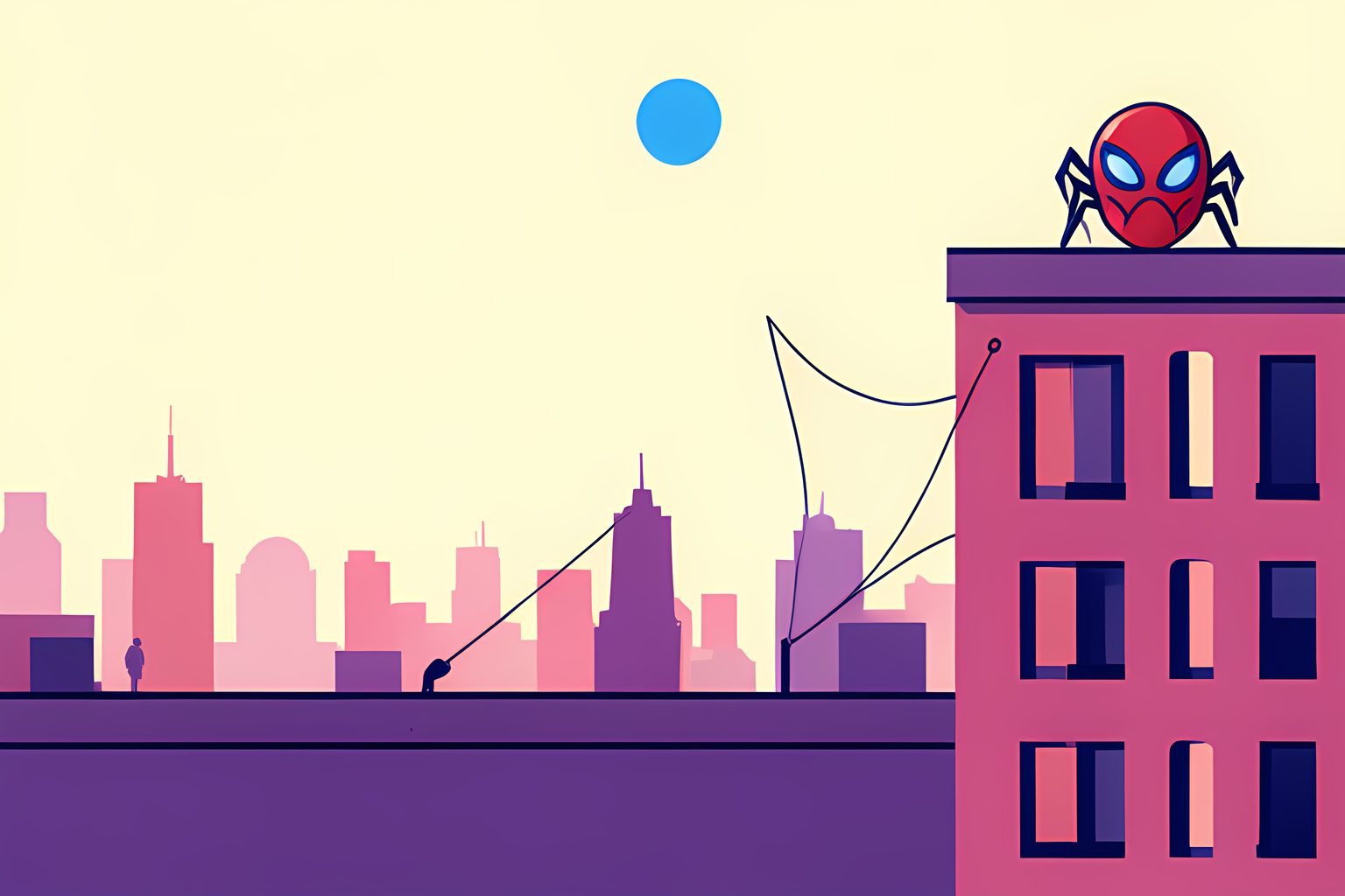 A red-and-blue Spider-hero mask resting on a rooftop ledge at sunrise, one web line strung toward the next building, a small round blue dot high in the sky, no people or text.