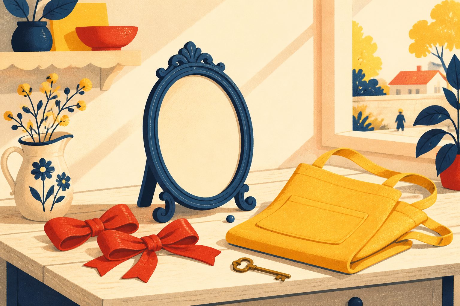 Stylized still life of an empty picture frame, two ribbon bows, a folded apron and a small key resting on a sunlit low table.