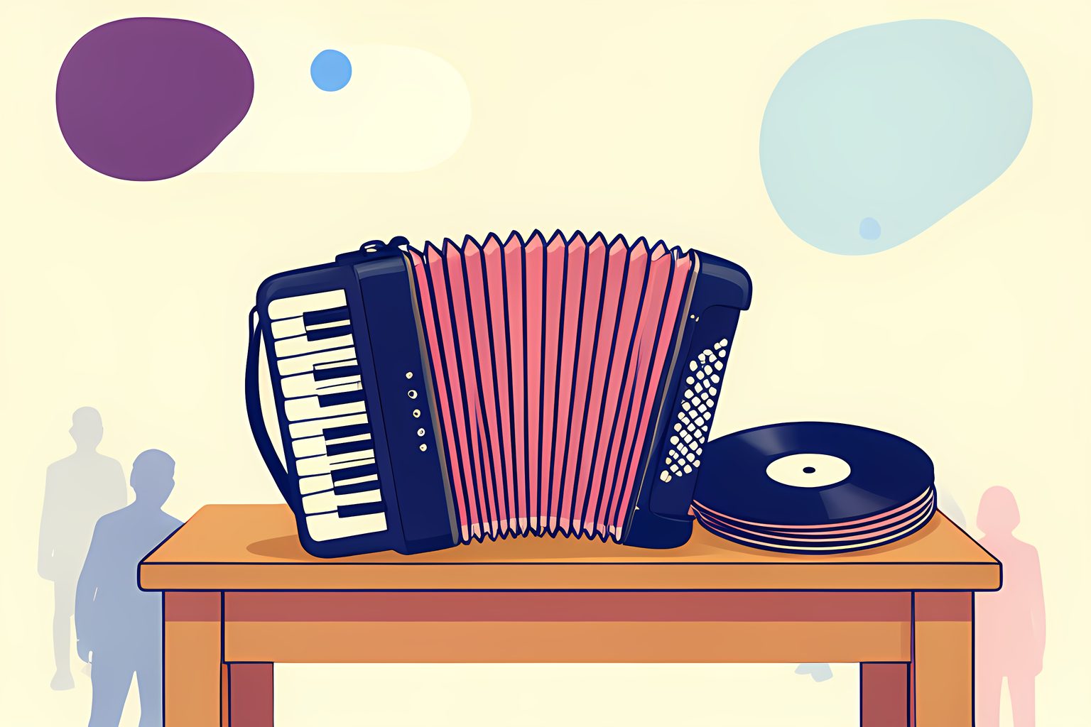 A closed vintage accordion resting on a low wooden table beside a small stack of blank 45 rpm records, warm side light, one small blue dot.