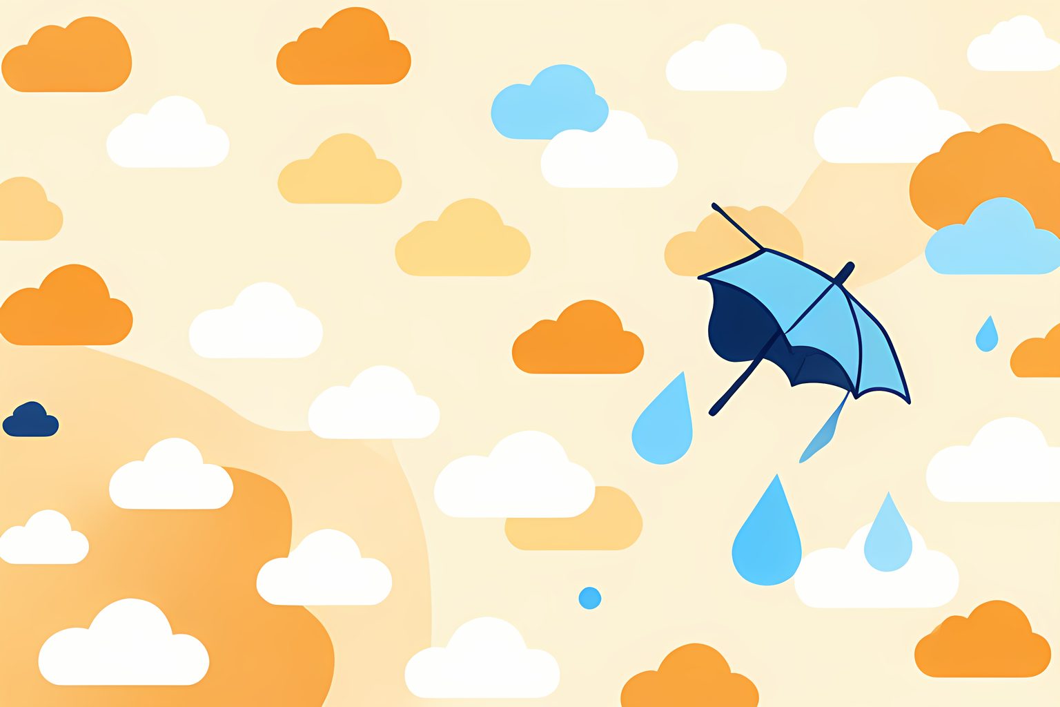 A text-free repeating pattern of small cream clouds, with one sky-blue raindrop playfully landing beside a folded plain umbrella.