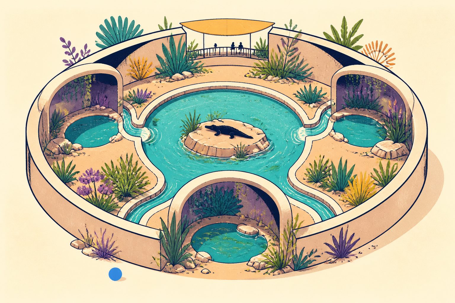 A bright flat diagram-like illustration of a person-free circular wildlife arena with a clear central pond, curved private habitat channels, a small crocodile silhouette, and a tiny blue dot.