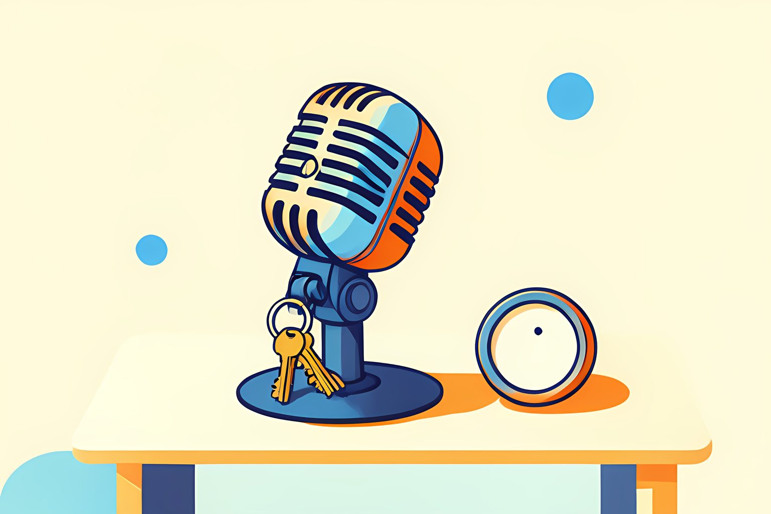 A vintage person-free broadcast microphone beside two unmarked brass keys on a warm table, with a small blue dot.