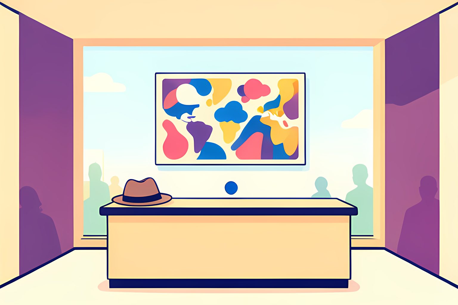 A bright, empty morning broadcast studio with blank weather shapes, a fedora on a stool and sunlight reaching in from a plaza.