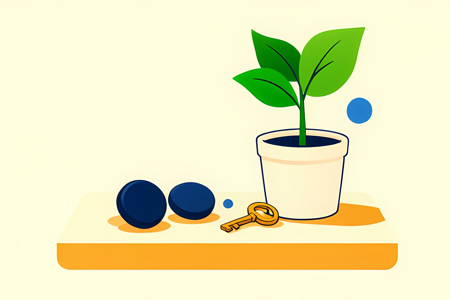 A bright, text-free, person-free still life of five blank navy voting tokens arranged around a small brass key and a young green sapling in a cream planter.