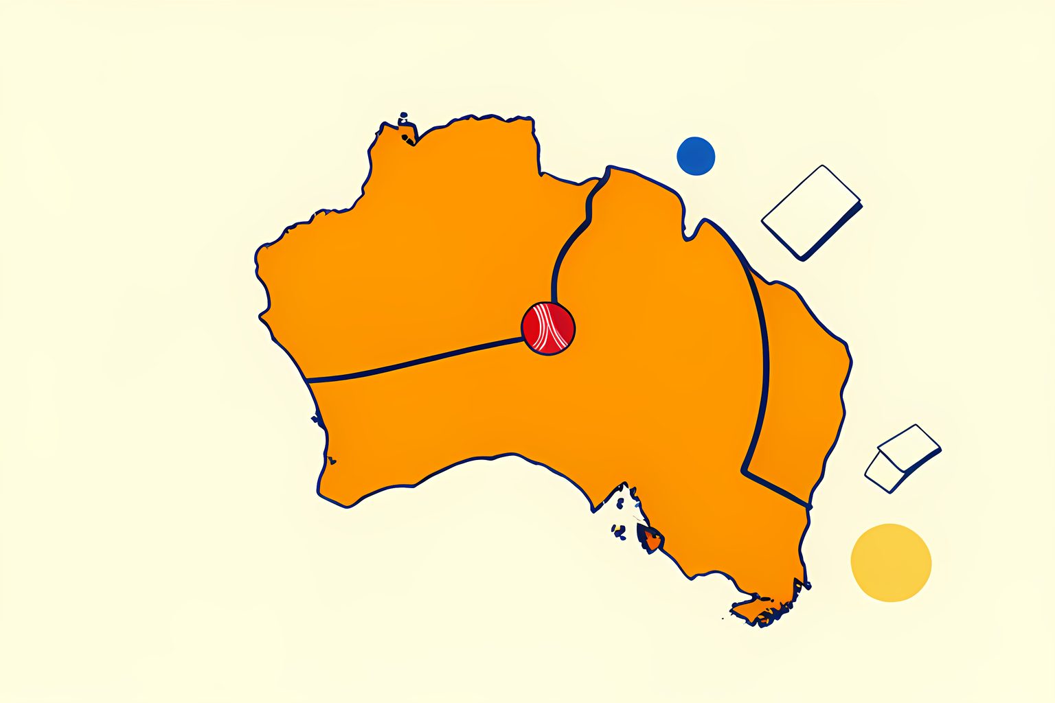 A warm label-free map of northern Australia with a red cricket ball following a curved path toward a sunny tropical oval.