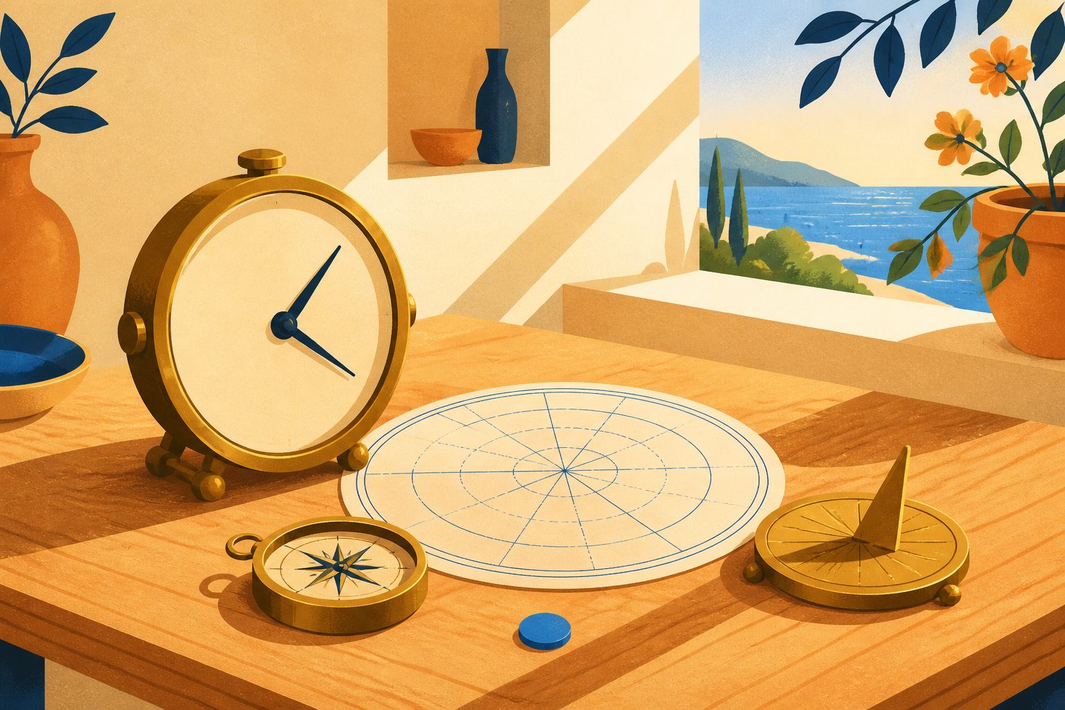 A warm still life of an unmarked brass clock beside a blank circular chart and a small brass compass on a sunlit low table, with tiny star-like dots and one round blue dot on a cream background.