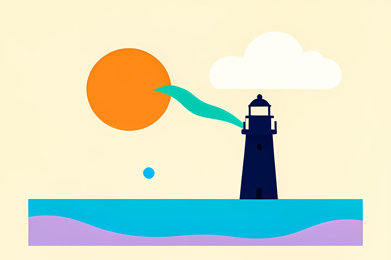 A text-free, stylized orange sun trading a teal ribbon of air with a small blank lighthouse beside a pale harbor cloud.